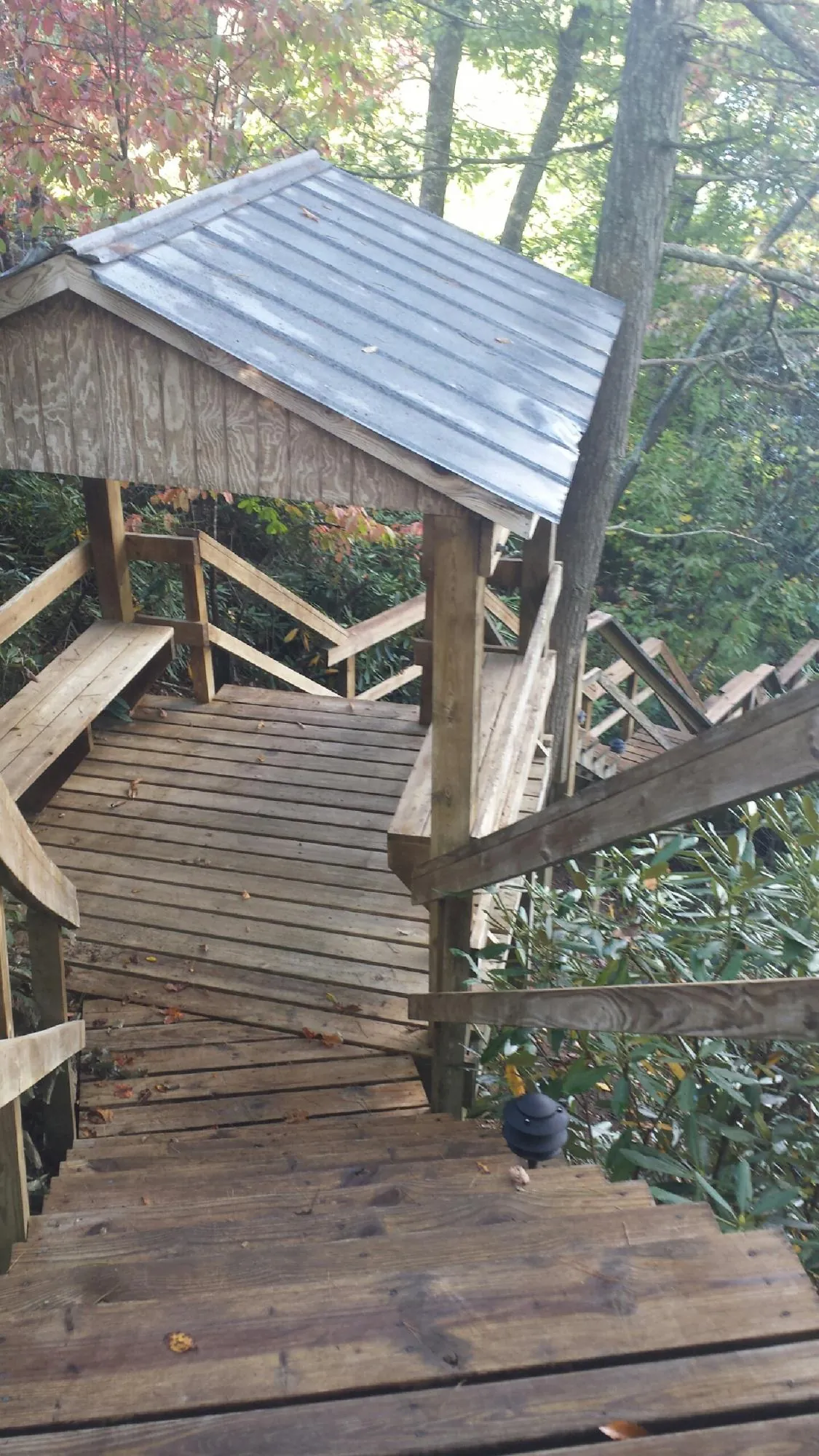 Metal roofed shelter over wooden steps on a wooded walkway — Skylight Repair & Installation work by our crew in Rocky River